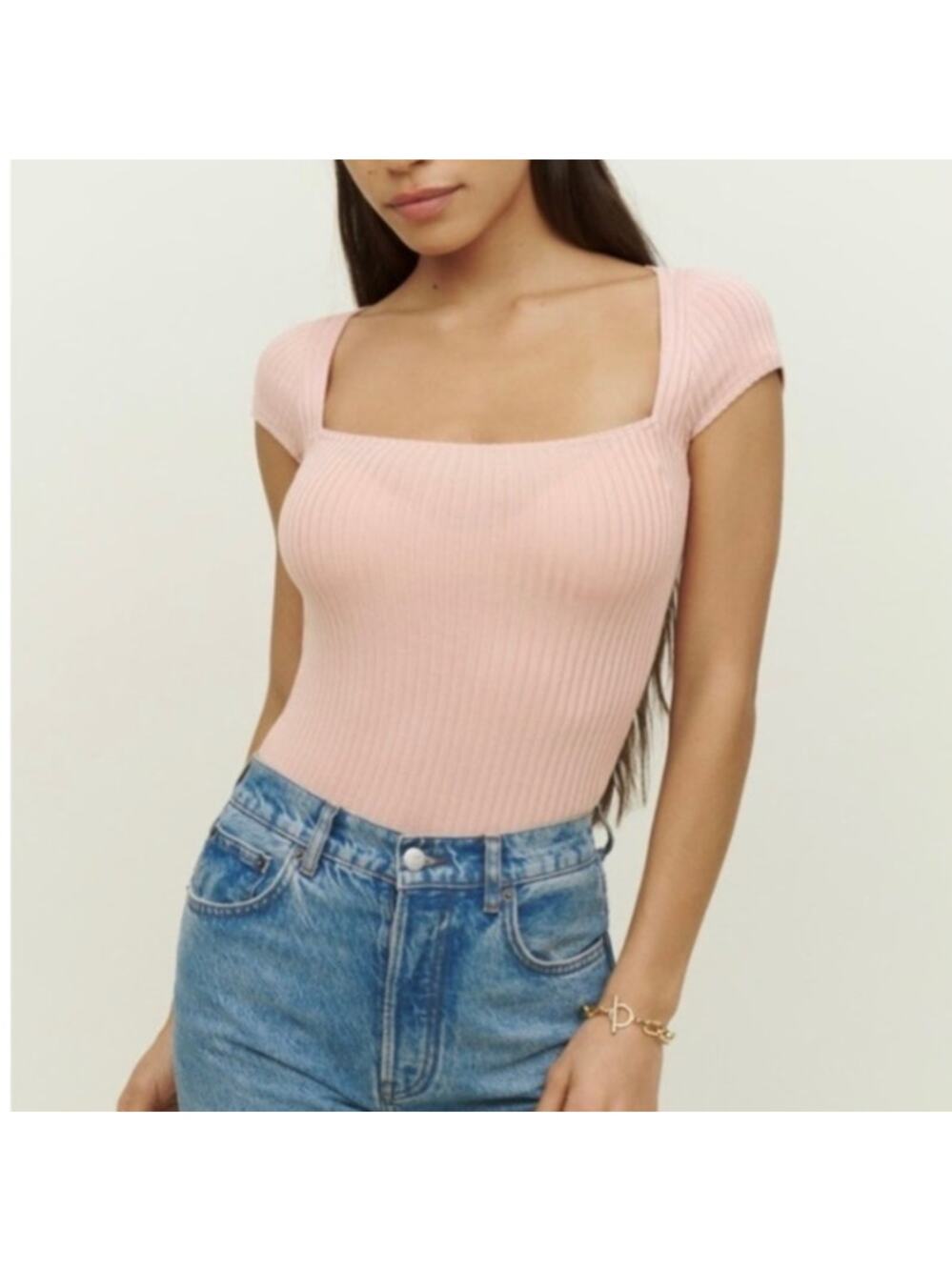 Reformation Ribbed Square Neck Bardot Top S Coquette Pink Short Sleeve Knit Tee